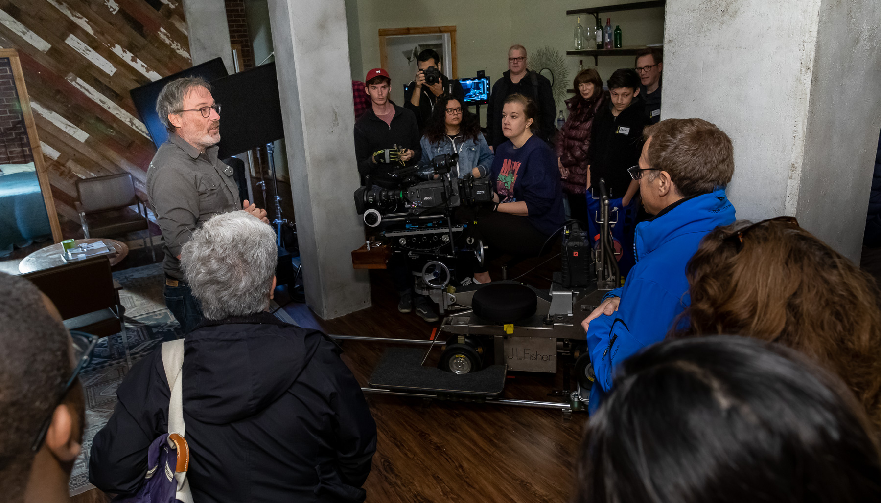 Pete Biagi, cinematographer in residence in the College of Computing and Digital Media, leads a demonstration of filming techniques during the Chicago Ideas Week Lab: Behind the Scenes at Cinespace with DePaul University, Monday, Oct. 14, 2019, at Cinespace Chicago Film Studios on Chicago’s West Side. (DePaul University/Jeff Carrion)
